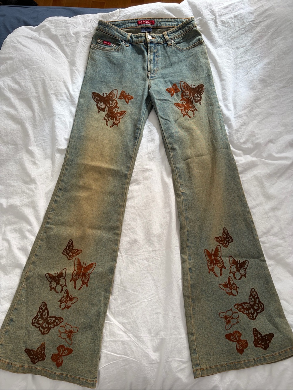 Butterfly Embroidered Light Blue Flare Jeans